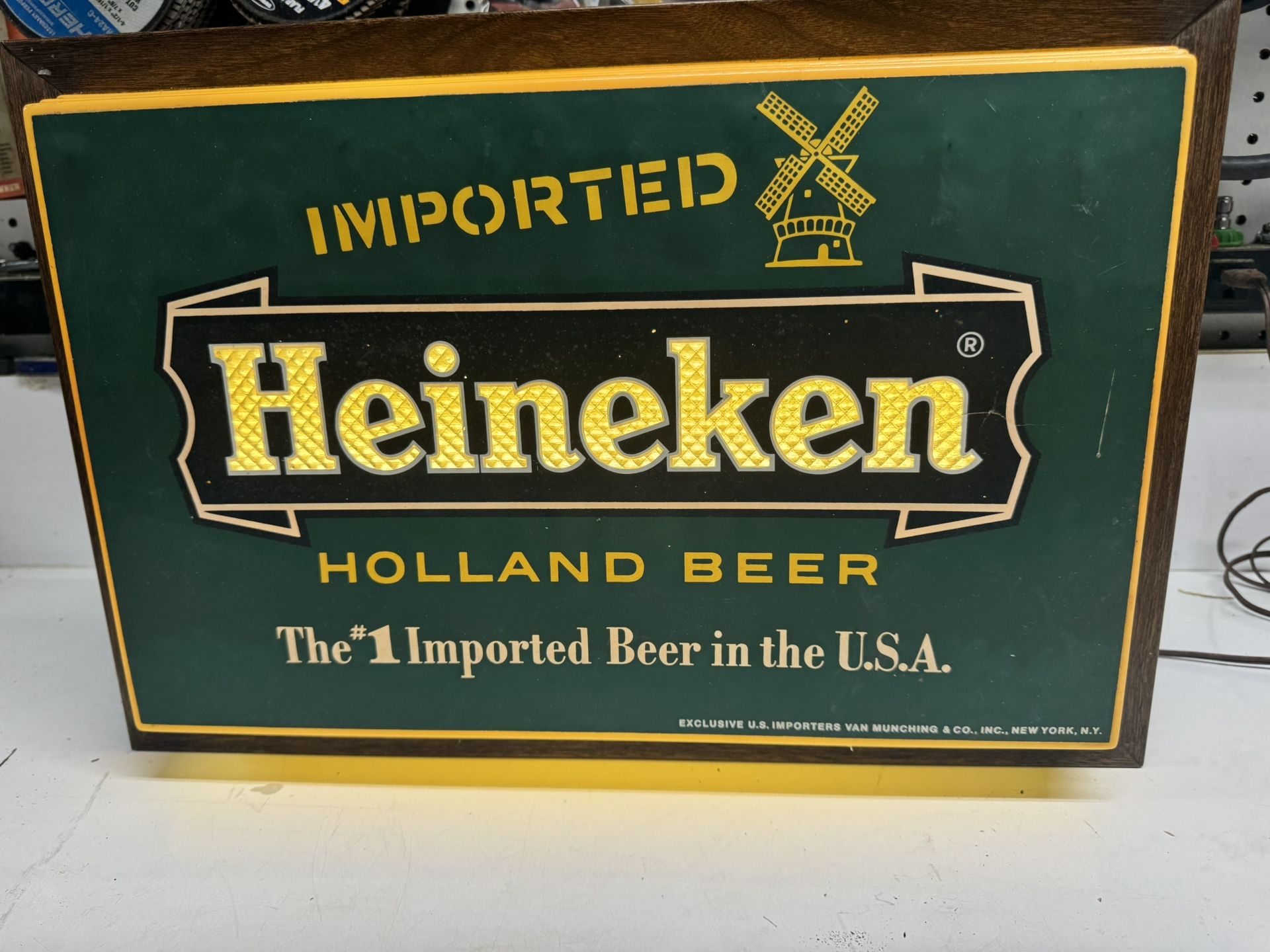 Vintage Heineken Beer Sign Holland Beer Sign Made USA 19” x13” X 4”. Must Pickup