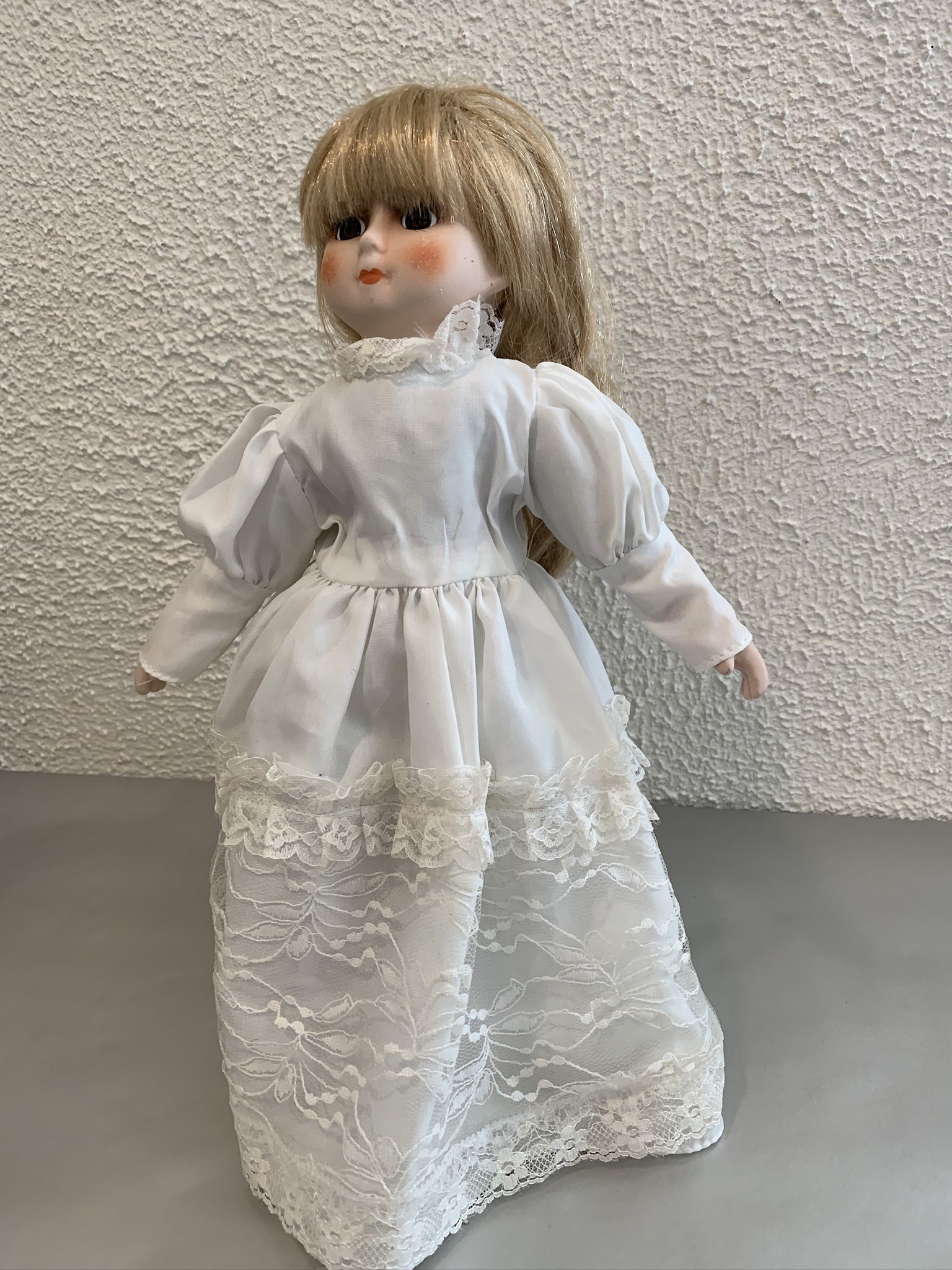 Beautiful Vintage Wind Up Musical Porcelain Face Doll , 15” Tall