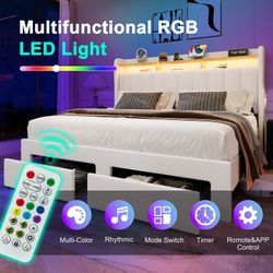 King Size Platform Bed Frame with 2-Tier LED Storage Velvet Wingback Headboard & 2 Storage Drawers, USB & Type-C Charging Ports, White