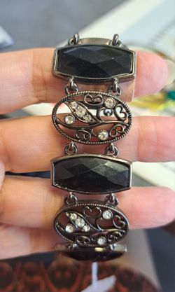 Vintage black panel link faceted rhinestone bracelet