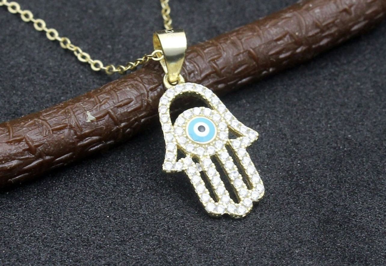 Sparkling Hamsa Hand Necklace with Evil Eye – 18 Gold Plated 925 Silver Hamsa Protection Charm