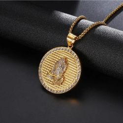 1Ct Lab Created Diamond Round Praying Hand Christ Pendant 14K Yellow Gold Plated
