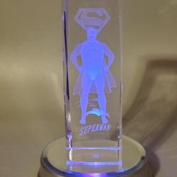 Vintage 3-D Laser Etched Crystal Glass  Superman  with Lighted Base