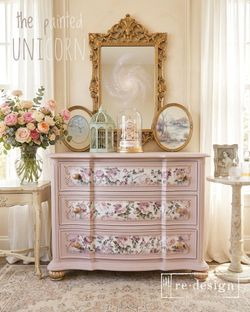 Hand-Painted Pink Floral 3-Drawer Dresser