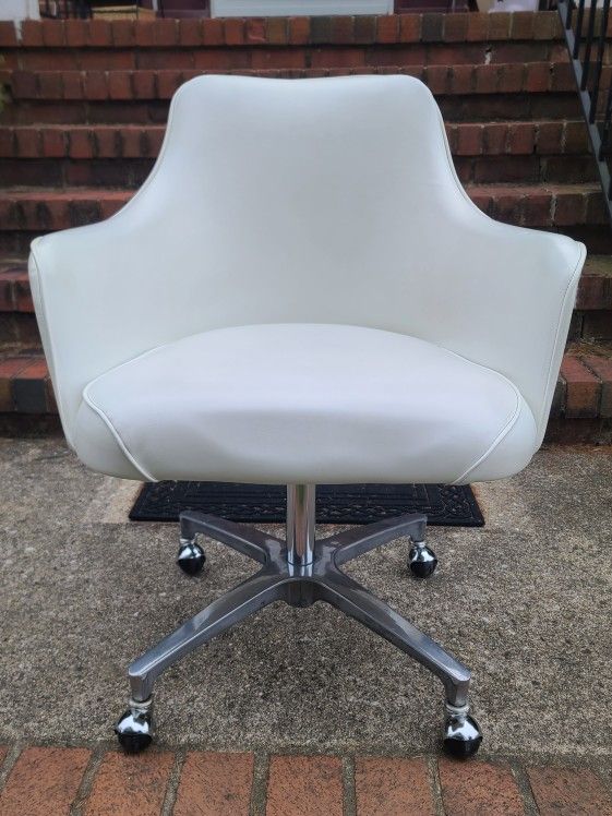 Vintage 1960's Mts Seating Swivel Shell Arm Chair White Vinyl Chrome Mid-Century Modern Eames Era Michigan Tube Swagers Fabricators Industrial Rolling