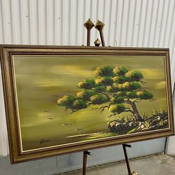 Vintage 1960’s wood framed oil on board "Bonsai Tree & Seagulls" painting by Yasu Eguchi