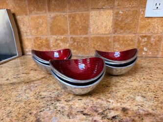 Set of 6 Simplydesignz Red Enamel Nut Snack Bowls, 2 of Each Pattern, Handcrafted Silver Tone Metal