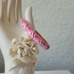 Clamper Bracelet Pink Enamel with Triangles and Gold-tone 7"