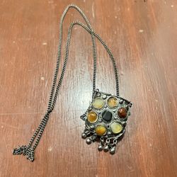 Vintage Sajai metal coin purse, semi precious stones on a chain 36”