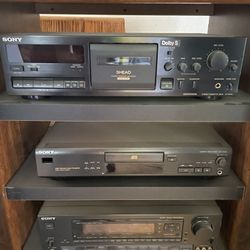 Sony Home Stereo System With Glass Door Cabinet And 2 Technics vintage Speakers