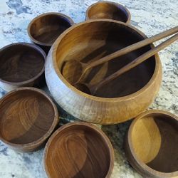 Vintage Teak Salad Serving Bowl Set