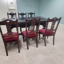 Antique 19th Century Renaissance Revival Dining Set – Solid Wood – 6 Chairs - OBO