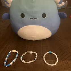 Blue Axolotl Squishmallow With 3 Handmade Ocean Theme Bracelets
