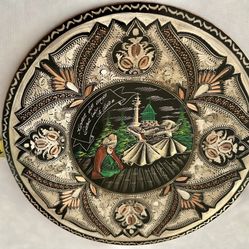 Vintage Authentic Turkish Copper handcrafted engraved whirling dervishes Rumi wall hanging 12” Round Plate Tray