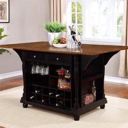 Farmhouse 2-drawer Drop Leaf Kitchen Island Table Black Counter Height Dining Storage