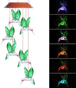 LED Hummingbird Solar Wind Chime, Changing Color Solar Six Hummingbird Wind Chime USB Charging Waterproof