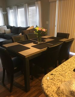 Crate and Barrel Black Leather Lowe Chairs (6) + Dining Table