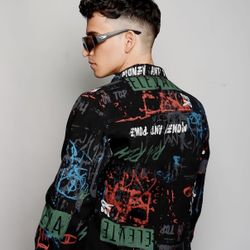 SHEIN Men’s Small Black Graffiti Print Denim Jacket Cotton Button-Up Trucker