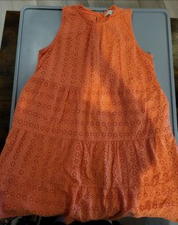 🍊 LOFT XL Orange Eyelet Tiered Sleeveless Midi Dress – Pockets & Lined