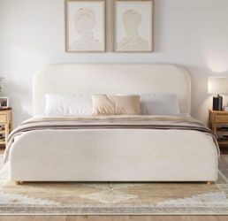 Christopher Knight Home Lanet Linen Upholstered King Size Bed Frame With Headboard, Modern King Bed Frame And Headboard, Wooden Slats Support, Easy As