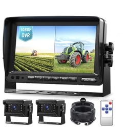 Wired Backup Dual Camera System, 7 Inch Screen Monitor, Waterproof Vibration-Proof Rear View, Night Vision, Tractor, Excavator, Harvester, Bulldozer