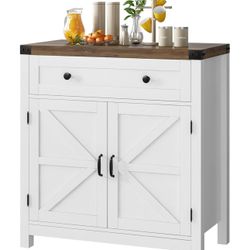 Coffee Bar Cabinet, Kitchen Storage Cabinet, Modern Farmhouse Buffet Sideboard with Drawer and Adjustable Shelf, Barn Door Accent Cabinet for Kitchen,