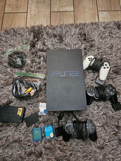 PS2 with all cables, controllers, memory cards and hard drive adapter