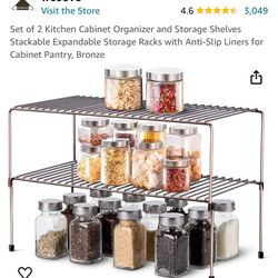 Set of 2 Kitchen Cabinet Organizer and Storage Shelves Stackable Expandable Storage Racks For Cabinet Pantry, Bronze