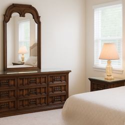 Vintage 9 Drawer Mirror Top Dressed With Matching Nightstand - WE DELIVER 