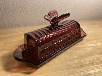 Vintage Style Butterfly Amethyst Purple Plum Glass Butter Dish Circleware