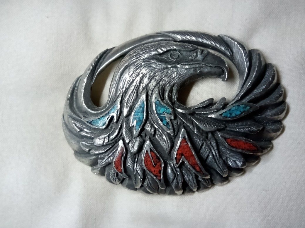 Silver Turquoise And Red Coral Belt Buckle Eagle Vintage