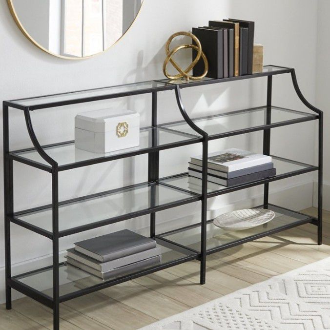 Black Elegant Console Table with multiple Open Shelf Storage Living Room