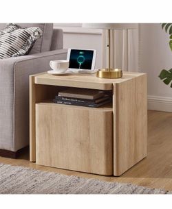 JXQTLINGMU 23'' Modern Nightstand with Charging Station, Large End Table with Storage Cabinet, Side Table, Wooden Bedside Table for Bedroom, Living Ro