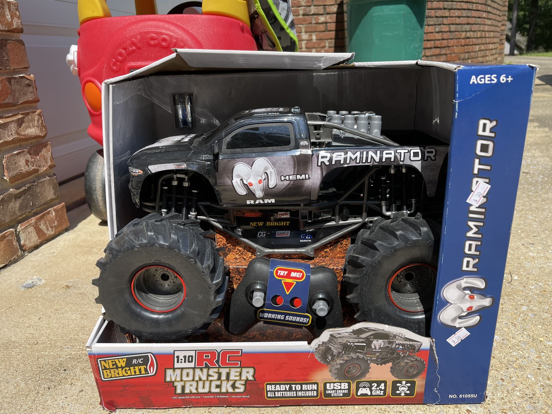 New Bright 1:10 Scale RC Monster Truck 9.6V Rechargeable Battery, Raminator,https://offerup.com/redirect/?o=QmxhY2suTmV3