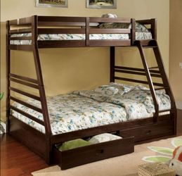 Brand New Espresso Twin over Full Bunk Bed w Trundle Drawers