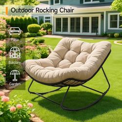 Outdoor Papasan Rocking Chair, 450 lbs Oversized Comfy Patio Chair with Thickened Cushion, Indoor Egg Rocking Lounge Chairs, Rocker Chairs for Patio P