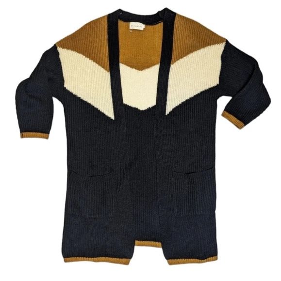 Dreamers Chevron Knit Black Beige and Tan Long CardiganOpen Front