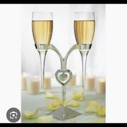 Glass  Wedding Champagne  Flutes  with Silver Stand