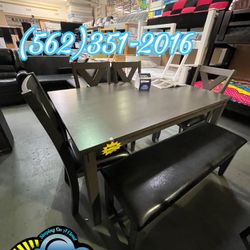 Six Chair Bench Grey Table Wooden Dining Set 