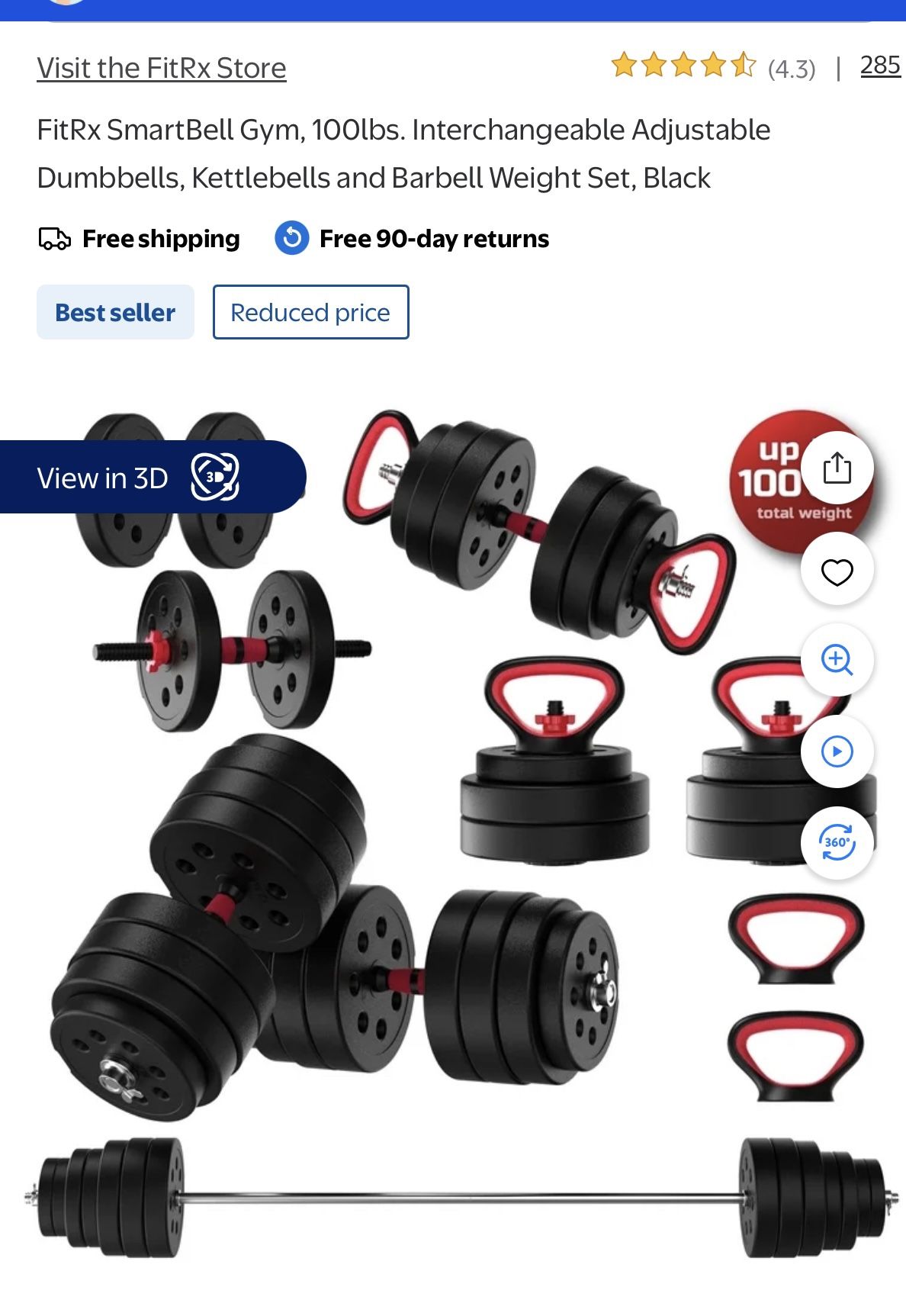 FitRx SmartBell Workout Gym Set 100lbs. Interchangeable Adjustable Dumbbells, Kettlebells and Barbell Weight Set