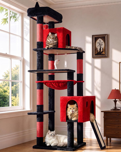 Red and Black Sturdy Heavy Duty 70" Cat Tree Kitten Tower for up to 5 Large Cats 25lbs+