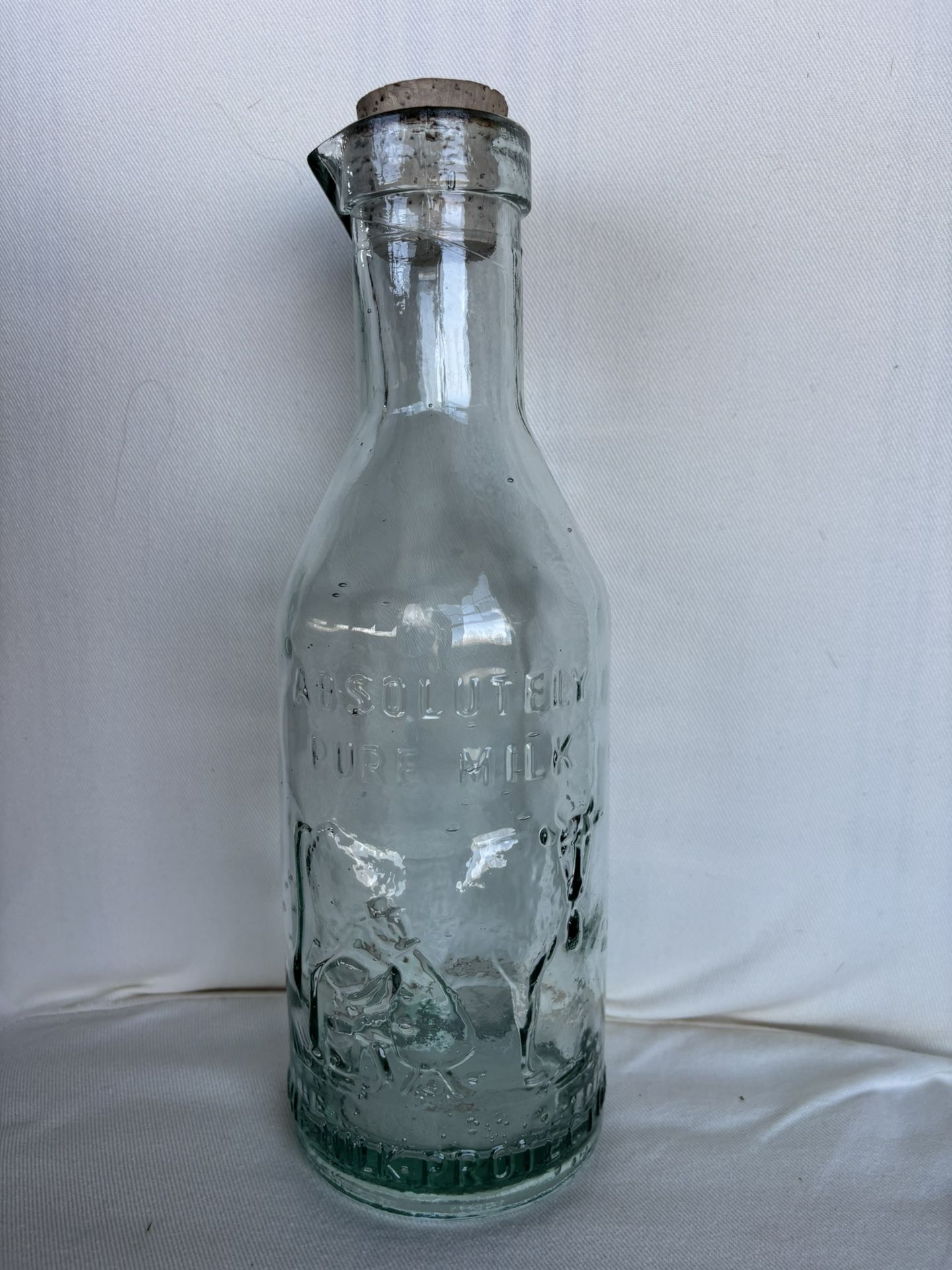 Vintage Absolutely Pure Milk Bottle Cow Embossed Glass "The Milk Protector"