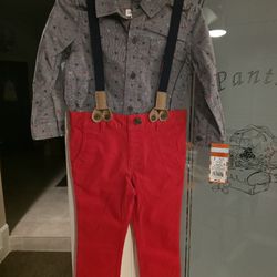 Cat And Jack Boys 3 Piece Set,  Long Sleeve Shirt,  Suspenders And Pants