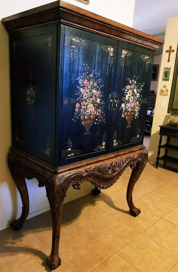 VINTAGE PAINTED FLORAL ROSE WOOD ORNATE VICTORIAN ACCENT CABINET STORAGE ANTIQUE SHELF CONSOLE TABLE