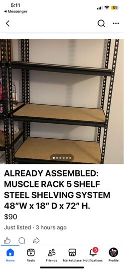2 for $150 or $80 each ALREADY ASSEMBLED: MUSCLE RACK 5 SHELF STEEL SHELVING SYSTEM 48"W x 18" D x 72" H.