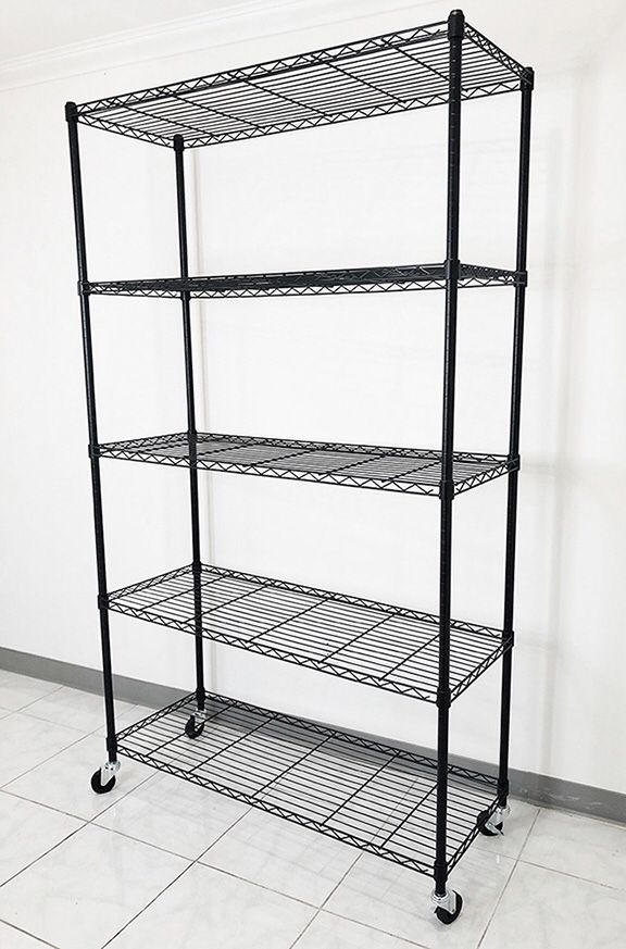 (New in box) $90 Metal 5-Shelf Shelving Storage Unit Wire Organizer Rack Adjustable w/ Wheel Casters 48x18x82”