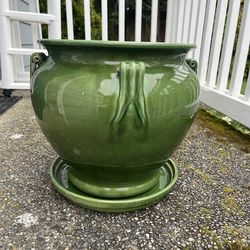 Large Green Ceramic Planter with plate