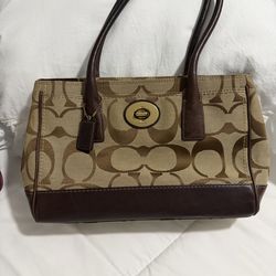Coach Madeleine Brown\Tan Signature Jacquard w/Leather Shoulder Bag Satchel