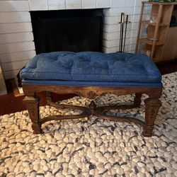 Antique Carved Wood Vanity Bench – French Louis XV Style – Blue Upholstery – 34”