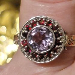 Beautiful Solid 925 Sterling Silver Poison Ring. Has A Natural Purple Amethyst And Red Rubys All Around It And The Top Part Of The Ring Opens Up Size 